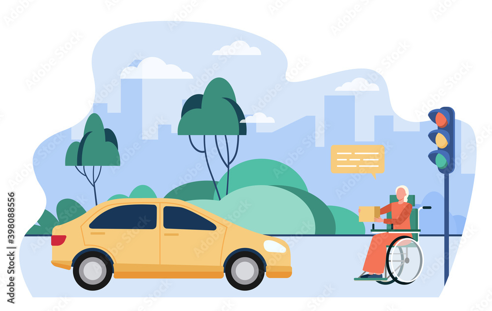 Senior disabled woman asking for donation outside. Person in wheelchair, car, street flat vector illustration. Charity, beggary, disability concept for banner, website design or landing web page