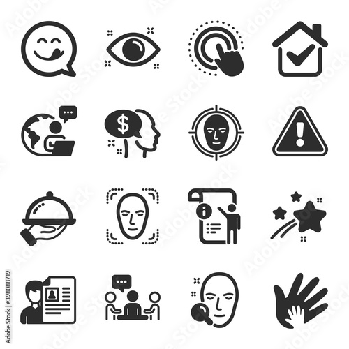 Set of People icons, such as Social responsibility, Face search, Face detect symbols. People chatting, Yummy smile, Manual doc signs. Click hand, Restaurant food, Pay. Health eye. Vector