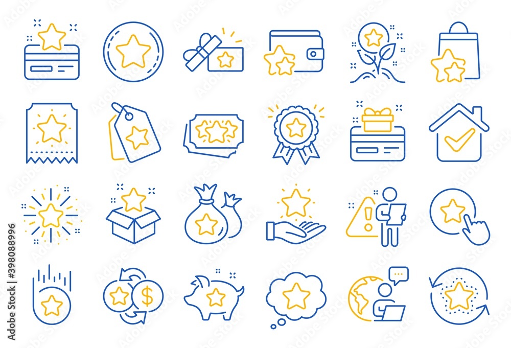 Loyalty program line icons. Bonus card, Redeem gift and discount coupon signs. Lottery ticket, Earn reward and winner gift icons. Shopping bag, loyalty card and lottery present. Line icon set. Vector