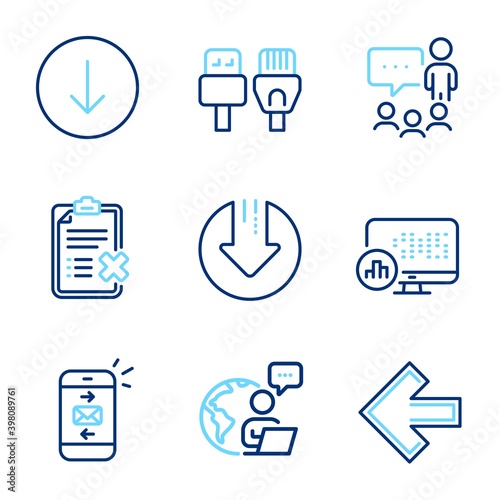 Technology icons set. Included icon as Report statistics, Left arrow, Computer cables signs. Download arrow, Mail, Reject checklist symbols. People chatting, Scroll down line icons. Vector