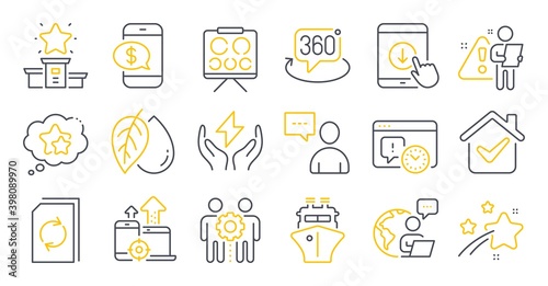 Set of Business icons, such as Update document, Seo devices, Scroll down symbols. Project deadline, Safe energy, Winner podium signs. Vision board, Mineral oil, Users chat. Ship. Vector