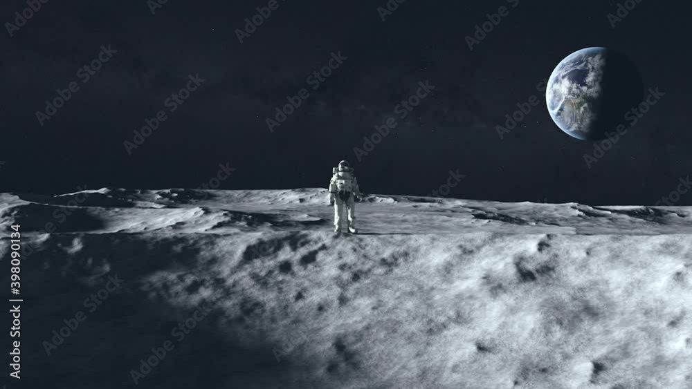 An astronaut stands on the surface of the moon among craters against the backdrop of the planet earth. Outer space. Ultra realistic 3d animation