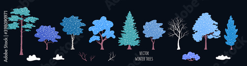 Winter trees, bushes. Set of snowy textured plants for seasonal background, banner, poster, Christmas greeting card, wallpaper. Vector elements for holiday modern design. Natural  landscape. 