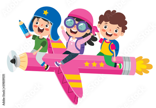 Funny Kid Flying On Colorful Pencil
