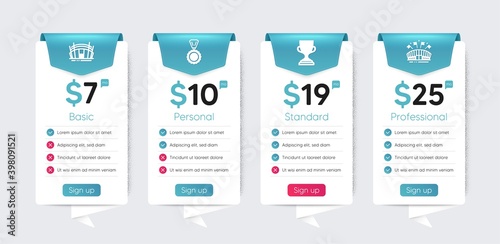 Included icon as Medal, Arena stadium, Award cup signs. Price table template, business plan chart. Sports icons set. Sports arena flat icons. Winner, Sport complex, Trophy. Event stadium. Vector