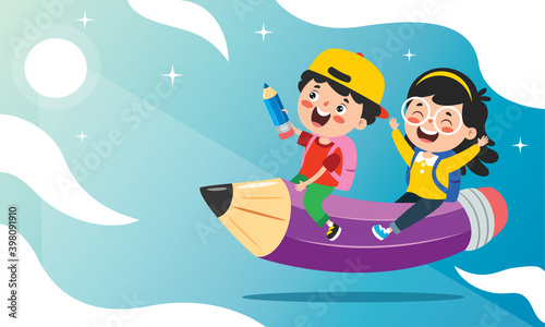 Funny Kid Flying On Colorful Pencil
