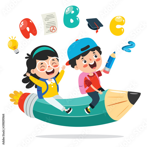 Funny Kid Flying On Colorful Pencil