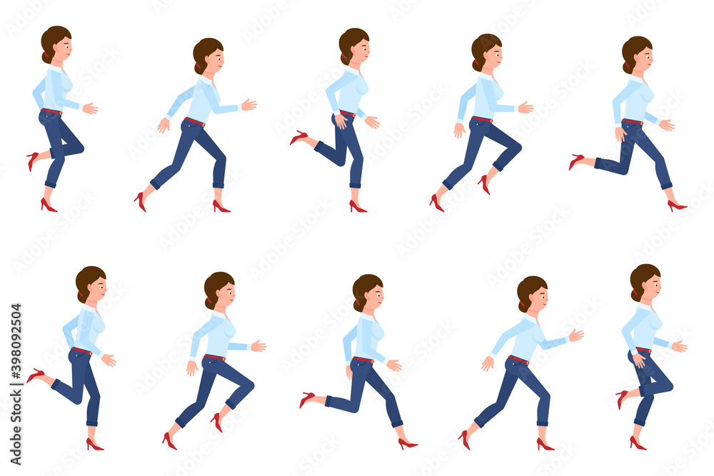 Young, adult woman wearing jeans running sequence poses vector illustration  set. Fast moving forward, hurry, rush female person cartoon character on  white Stock Vector | Adobe Stock