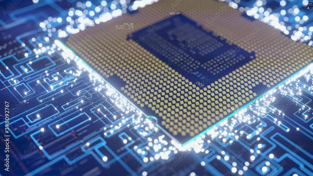 A computer processor with millions of connections and signals. Technology cpu background. Pulses and signals from the chip propagate through the motherboard. 3d animation