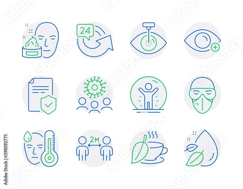 Medical icons set. Included icon as Coronavirus, Eye laser, Face cream signs. Farsightedness, Insurance policy, Social distancing symbols. 24 hours, Medical mask, Recovered person. Fever. Vector