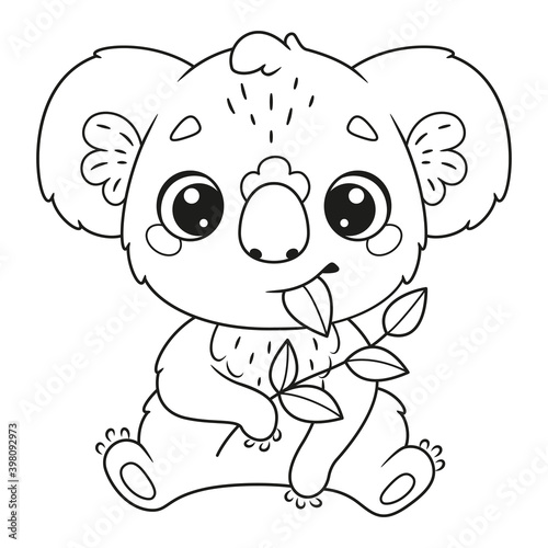 Cute koala eating leaves coloring page. Vector cartoon illustration