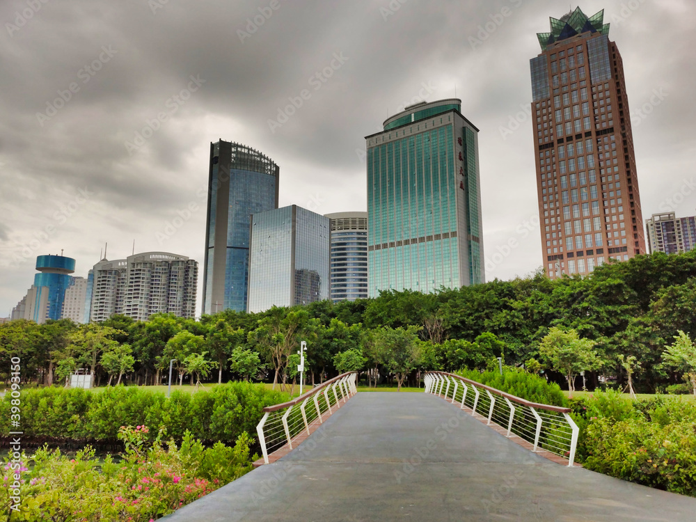 View of skyscrapers in Haikou city. View of downtown city. CBD. Hainan Island, China. Asia View of skyscrapers in Haikou city. View of downtown city. CBD. Hainan Island, China. Asia
