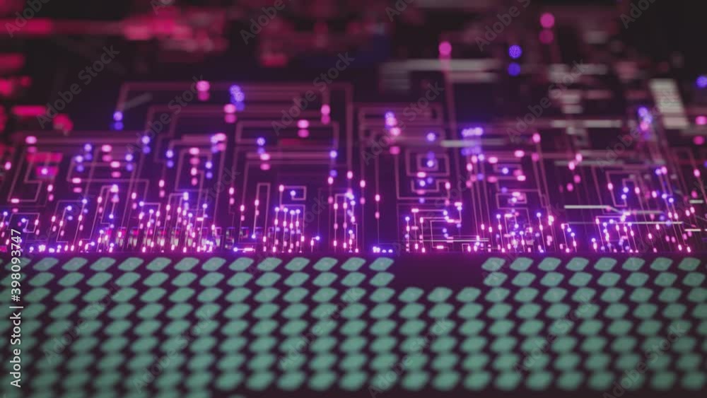 A computer processor with millions of connections and signals. Technology cpu background. Pulses and signals from the chip propagate through the motherboard. 3d animation