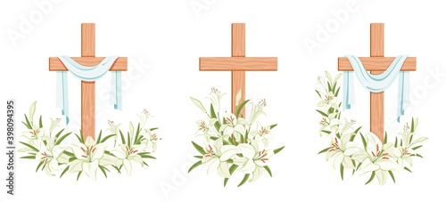 Cross with lilies. Religious Easter Symbol. Colorful set of crosses with lilies and shroud. Easter Sunday poster design element, card, greetings. Isolated. Vector illustration