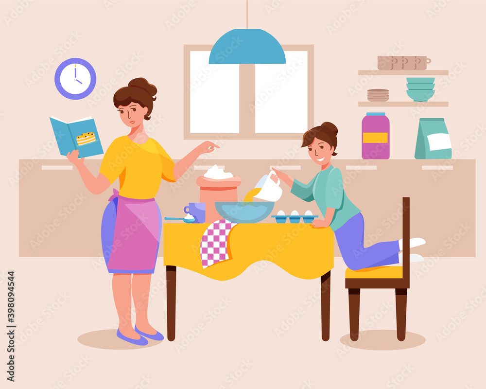 Mother and daughter cooking cake together in the kitchen. Vector illustration