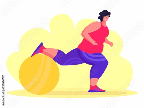 A young obese woman doing exercise. A girl working in sweat to get rid of belly fat. Obesity.