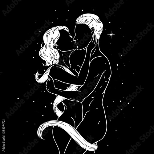 Woman and man kissing, beautiful sensual couple in love on space background. Vector illustration