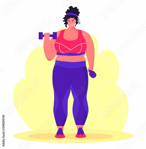 A young obese woman doing exercise. A girl working in sweat to get rid of belly fat. Obesity.