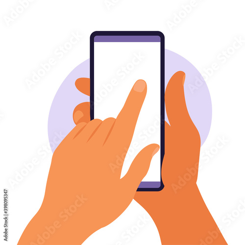 Man hand holding smartphone with blank white screen. Using mobile smart phone. Flat design concept. Vector illustration