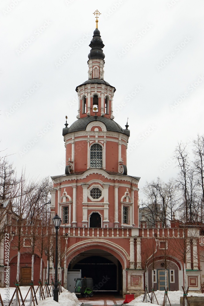 Church in honor of the Tikhvin icon of the mother of God in the Moscow Baroque style above the Northern gate of the Donskoy monastery in Moscow