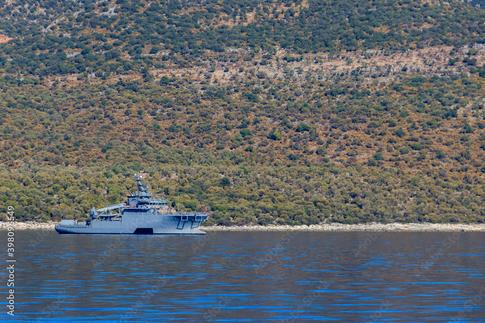 Turkish navy warship sailing in the Mediterranean sea. Protection of water borders of Turkey