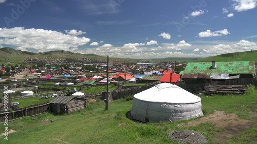 Colorful roofed houses in a classic city in Central Asia.roof color settlement street green homes cute ger gers yurt yurts white tent tents conventional customary town groovy Mongolian city houses 4K photo