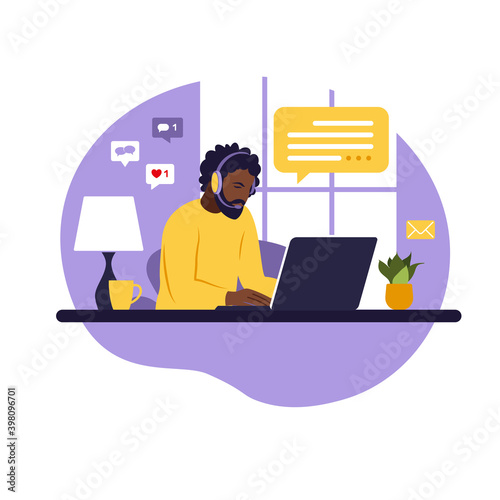Operator african man with computer, headphones and microphone. Outsource, consulting, job online, remove job. Call center. Flat vector illustration on white background.