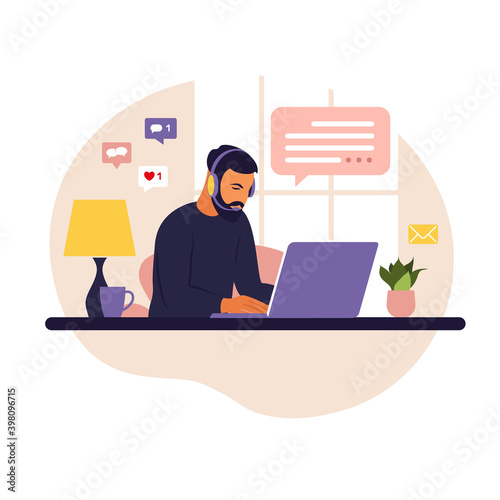 Home office concept, man working from home. Student or freelancer. Freelance or studying concept. Vector illustration. Flat style.