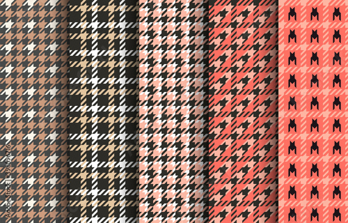 Set of houndstooth seamless patterns. Pink, black and white tartan tweed. Glen plaid textures.