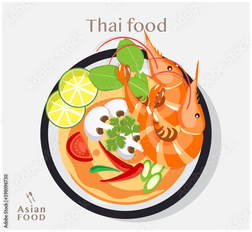 Thai food Tom yum kung , Soup with shrimps, Vector flat illustration