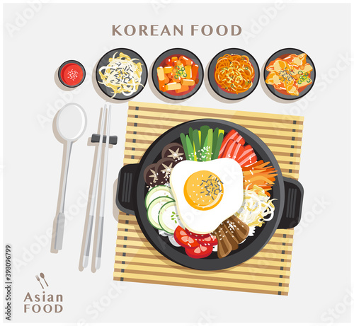 Korean cuisine Bibimbap set, Rice mixing with various ingredients in black bowl top view vector illustration