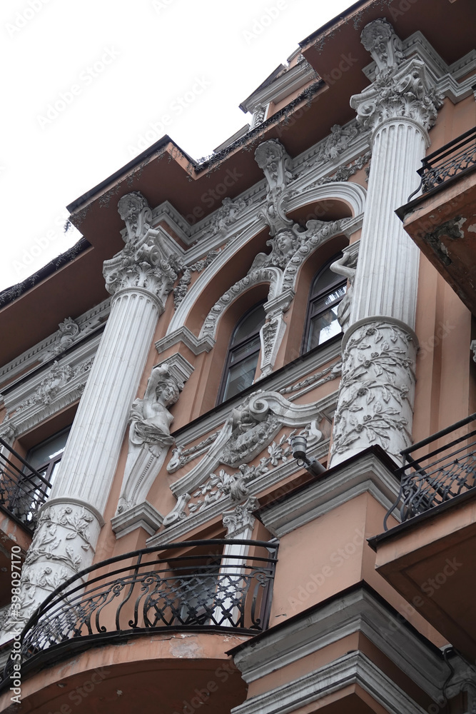 Facade of the building decorated with columns