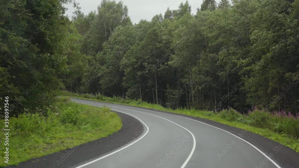 Driving along an empty road among the forest in cloudy weather. Driving along an empty road among the forest in cloudy weather.