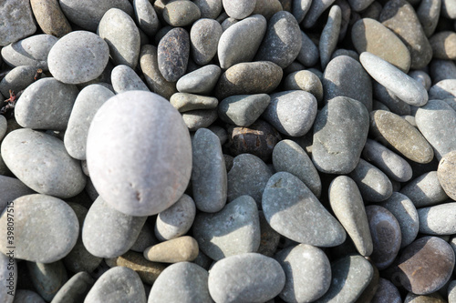 smooth and beautiful pebbles on the beach in the sunlight close up