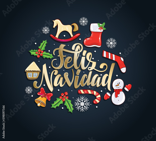 Merry Christmas 2021 vector illustration. hand-written lettering. Feliz navidad design graphics for brochures, gift cards, flyers and postcards. translated from Spanish: Merry Christmas