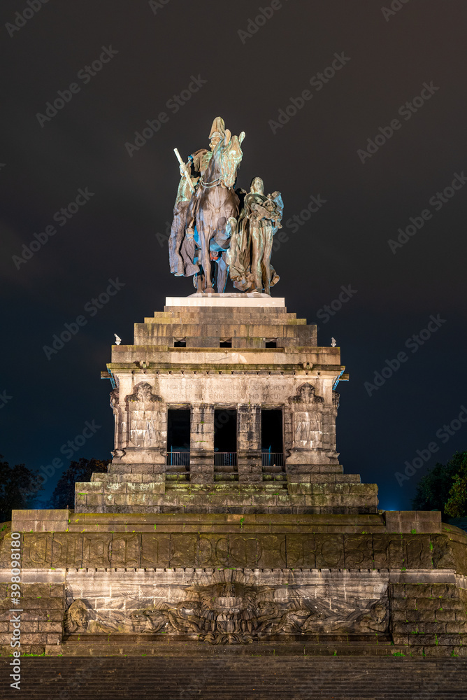 Fototapeta premium Night view of equestrian statue of William I, first German Emperor, German Corner, Koblenz 