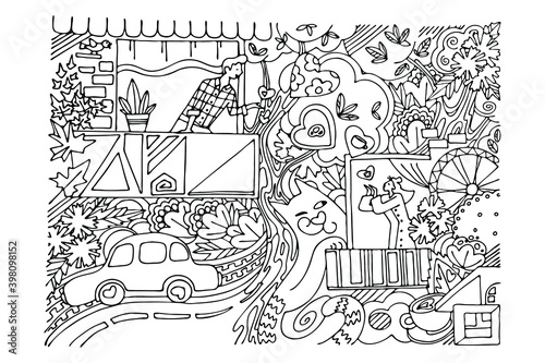 coloring book, black and white doodle, man and woman standing on balconies send each other greetings in the form of hearts on valentine's day, vector illustration