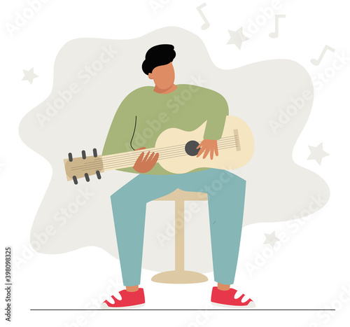 Guitar player playing an acoustic guitar. Vector flat cartoon illustration.