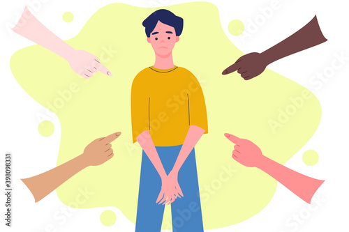 Vector illustration of social public condemnation of young man. Sad or depressed young man surrounded by hands with index fingers pointing at him.