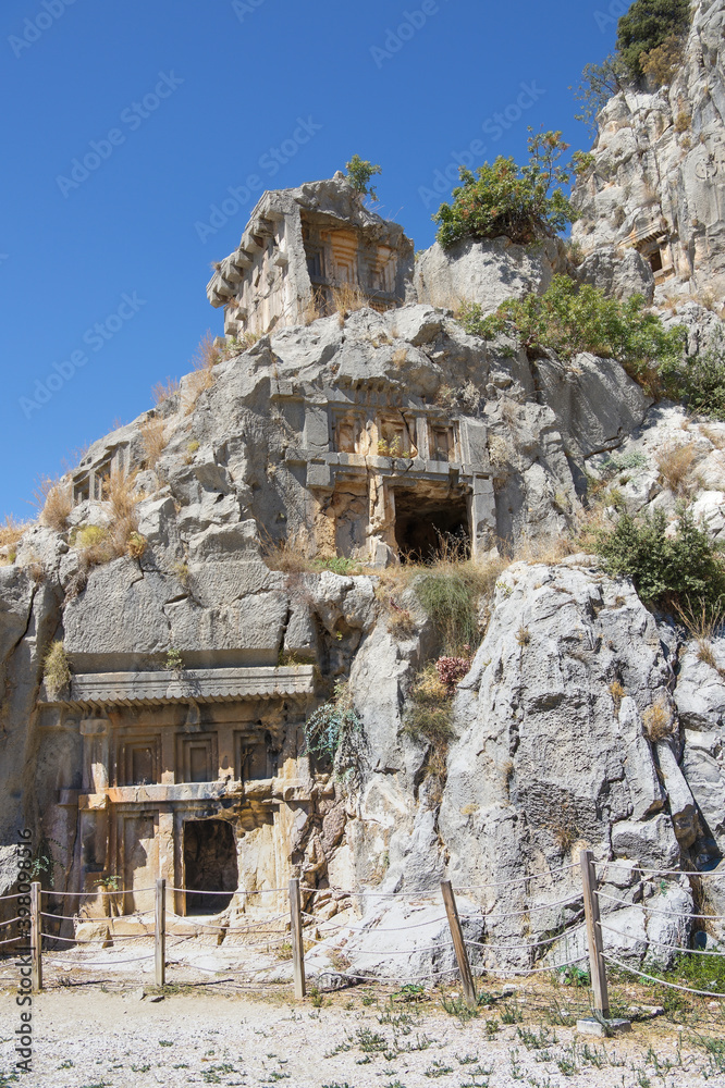   Myra  was an ancient Greek town in Lycia.The tomb carved into the rocks, the so-called necropolis.Tombs are located high above the ground
