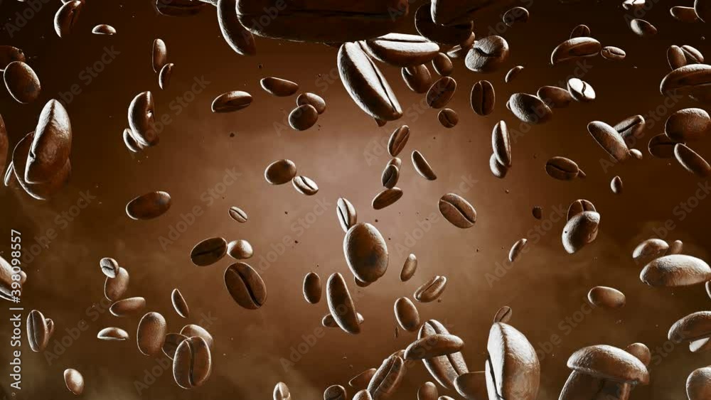 Roasted coffee beans with coffee dust falling down in front of dark and ...