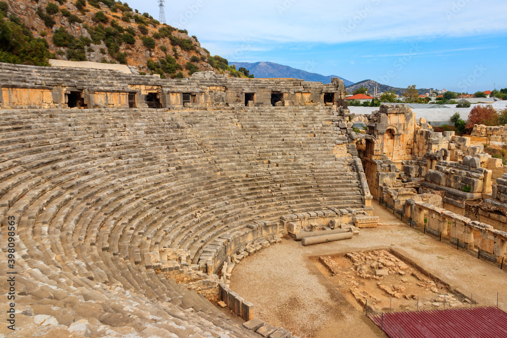 Ruins of ancient Greek-Roman theatre of Myra in Demre, Antalya province in Turkey