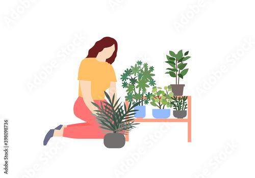 Girl takes care of plants, vector graphics