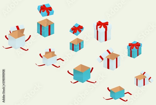 Isometric composition with open and closed gift boxes.
