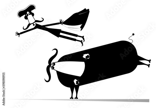 Cartoon bullfighter and a bull isolated illustration. Funny long mustache bullfighter falls from the bull black on white 