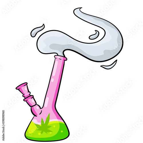 Bong for Smoking tobacco and marijuana. Glass bottle for cannabis. Gray smoke. Cartoon concept. Drug dependence