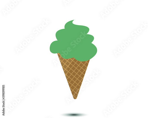 Green tea ice cream in brown waffle cone with drop shadow in white background
