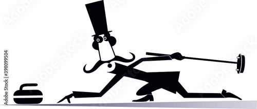 Mustache man in the top hat plays curling isolated illustration. Mustache gentleman in the top hat with curling brush pushes a stone towards the target black on white 
