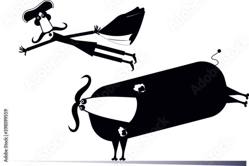 Cartoon bullfighter and a bull isolated illustration. Funny long mustache bullfighter falls from the bull black on white 