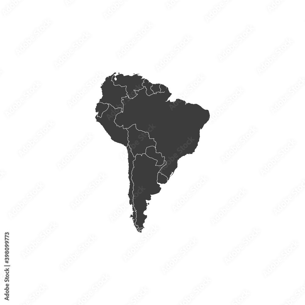 South America with country borders, vector illustration.